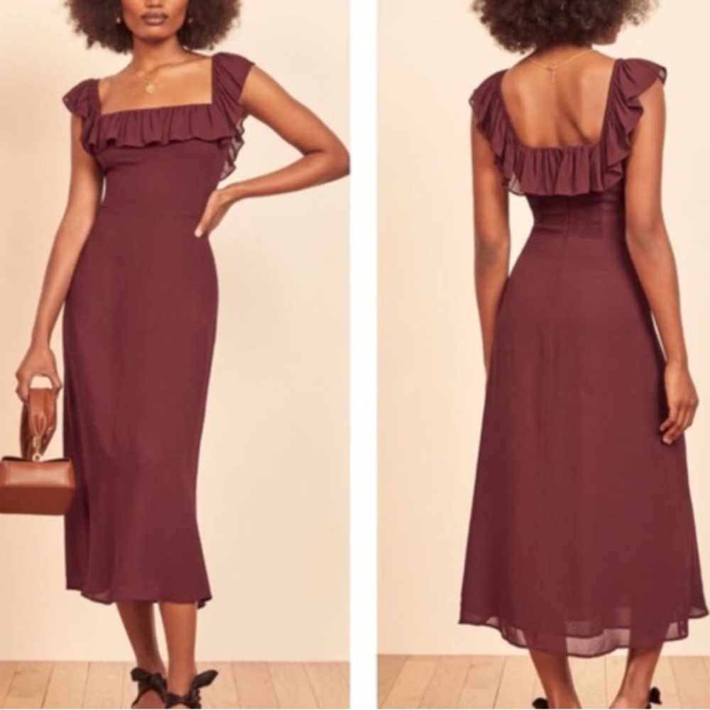 Reformation Burgundy Ruffle Dress